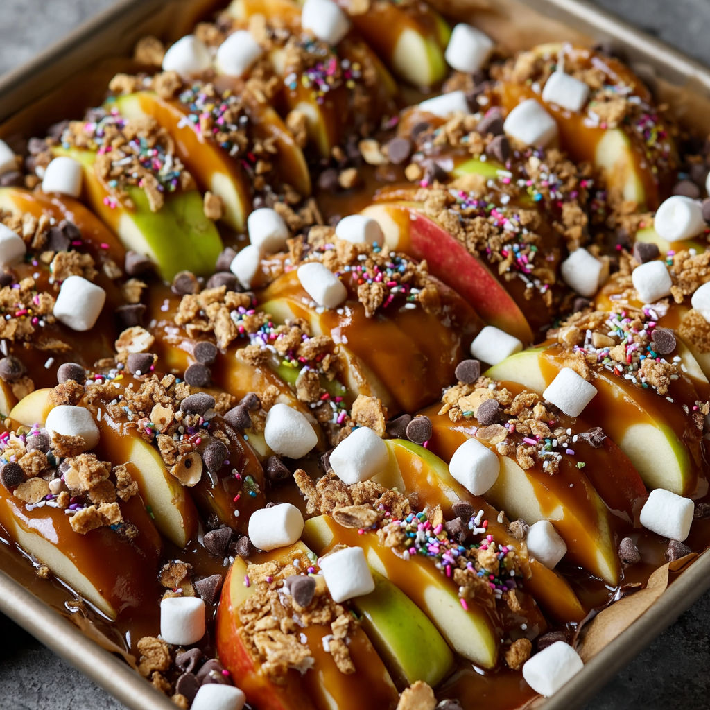 A pan of delicious dessert with marshmallows, chocolate, and caramel, topped with apples.