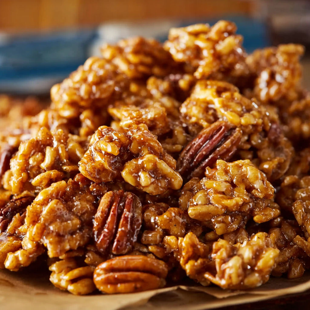A close-up of a delicious Praline Crunch, a sweet and crunchy treat made with pecans and sugar.