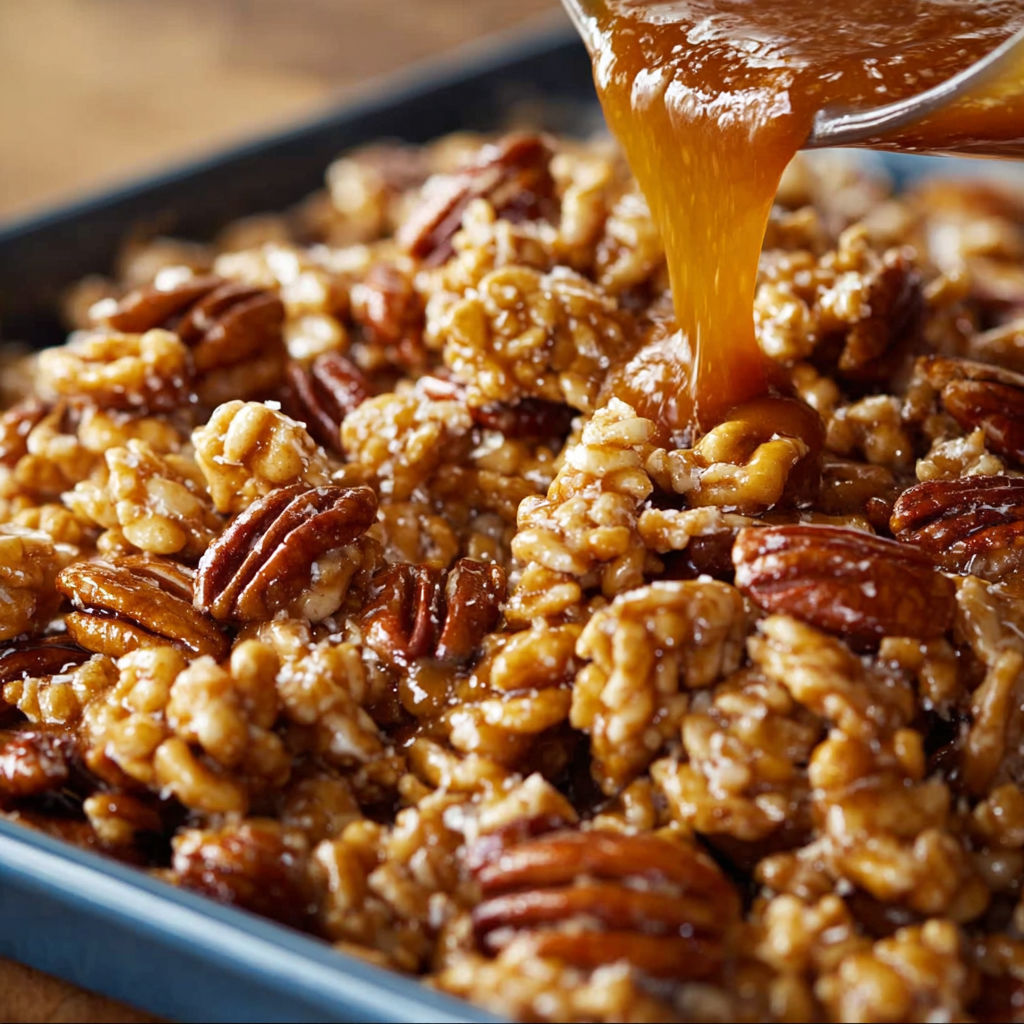 A close up of a cake with pecans and caramel drizzled on top.