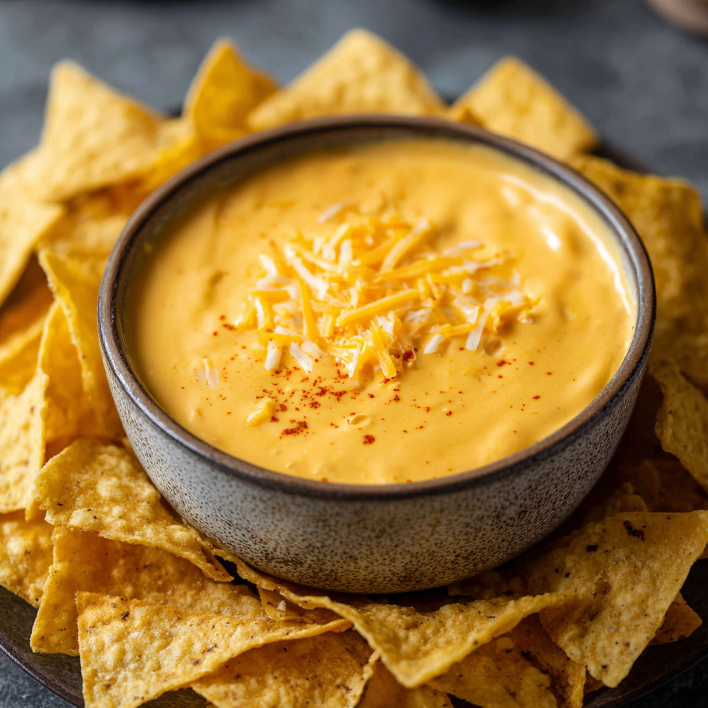 A bowl of Taco Bell Nacho Cheese sits on a plate, surrounded by chips.