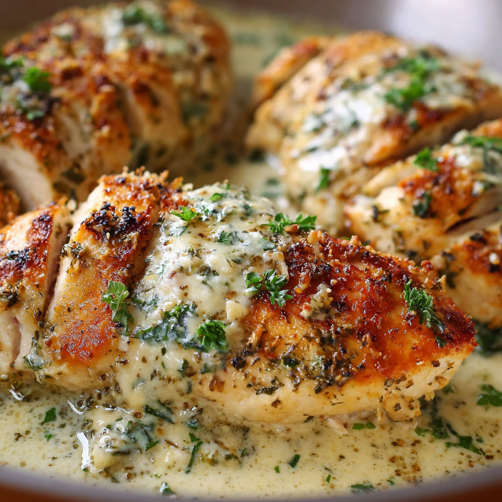 A dish of chicken covered in a creamy sauce, garnished with herbs.