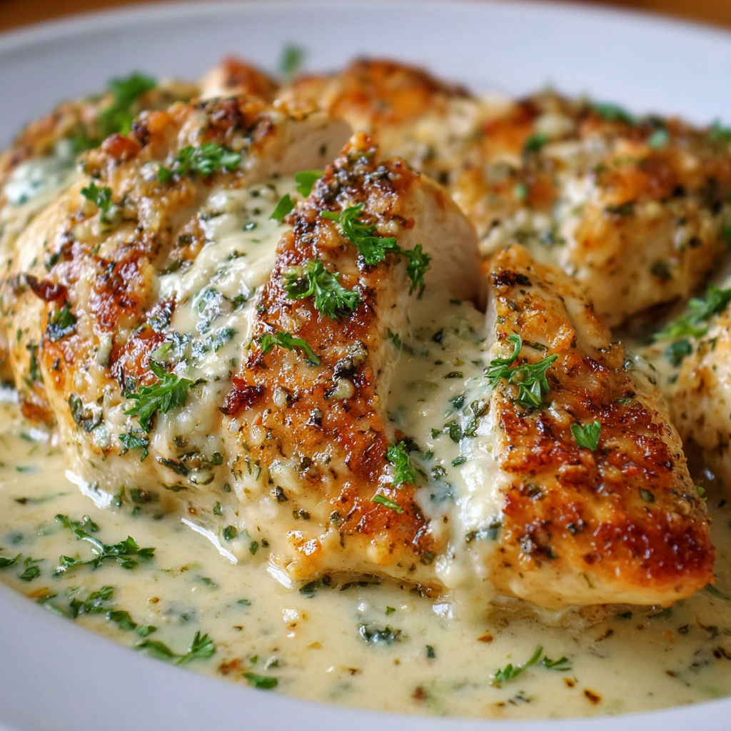 A plate of chicken covered in a creamy sauce, garnished with parsley.