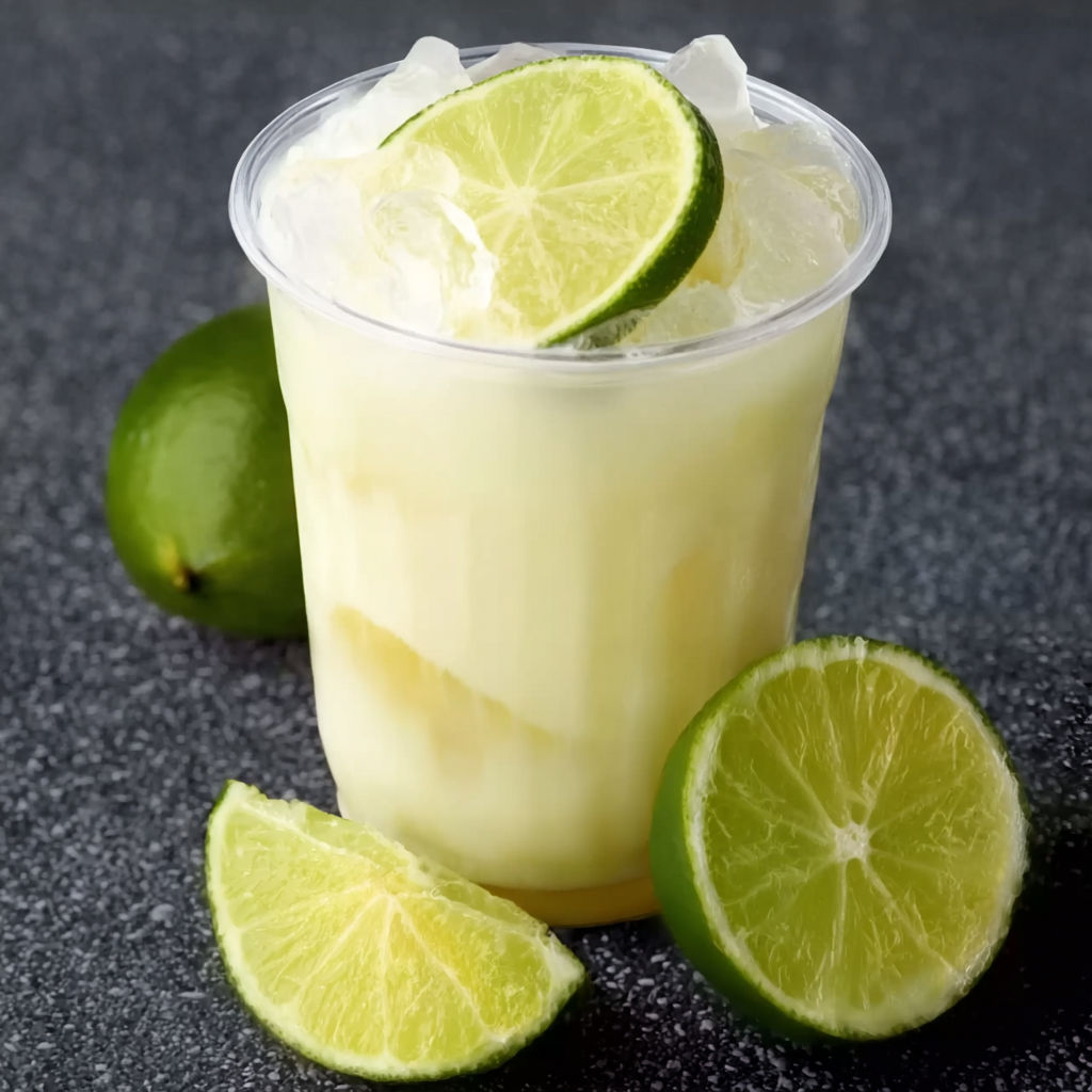 A glass of Creamy Brazilian Lemonade is served with a slice of lime on the side.