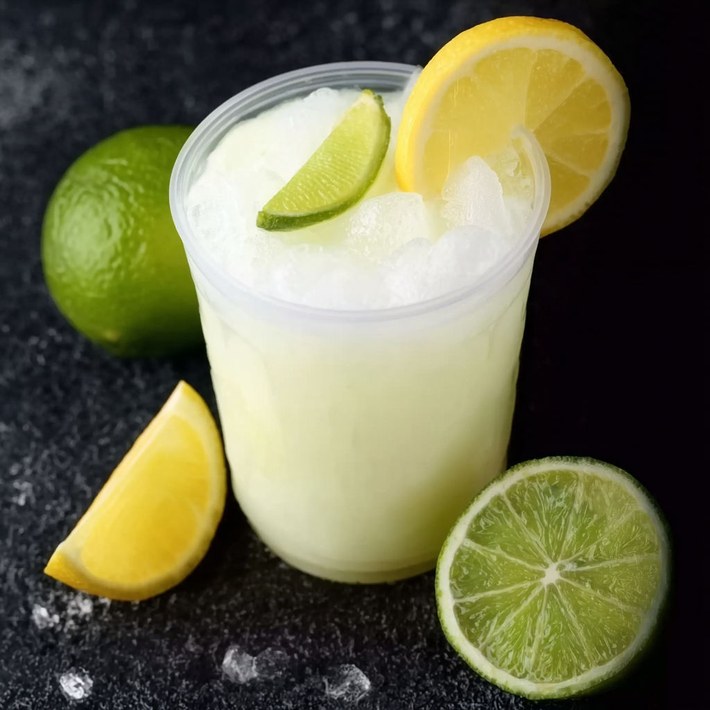 A glass of lemonade with a slice of lemon and lime on the side.