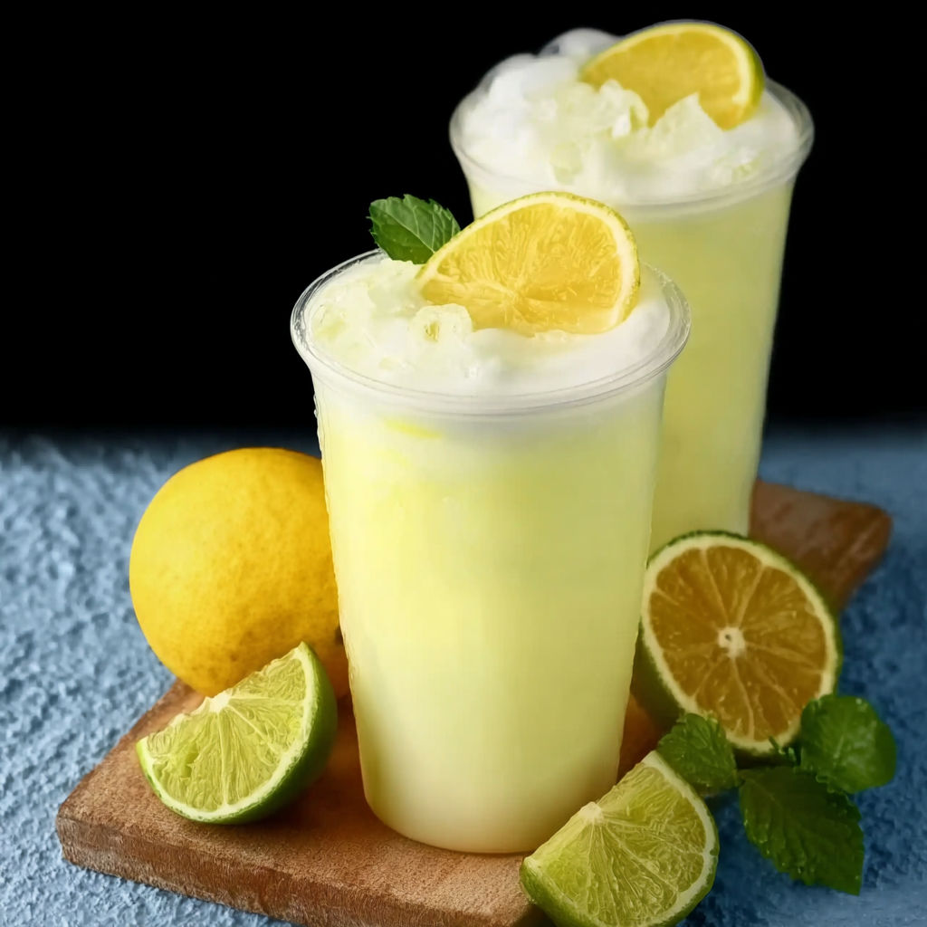 A glass of lemonade with lemon slices and mint leaves on a wooden tray.