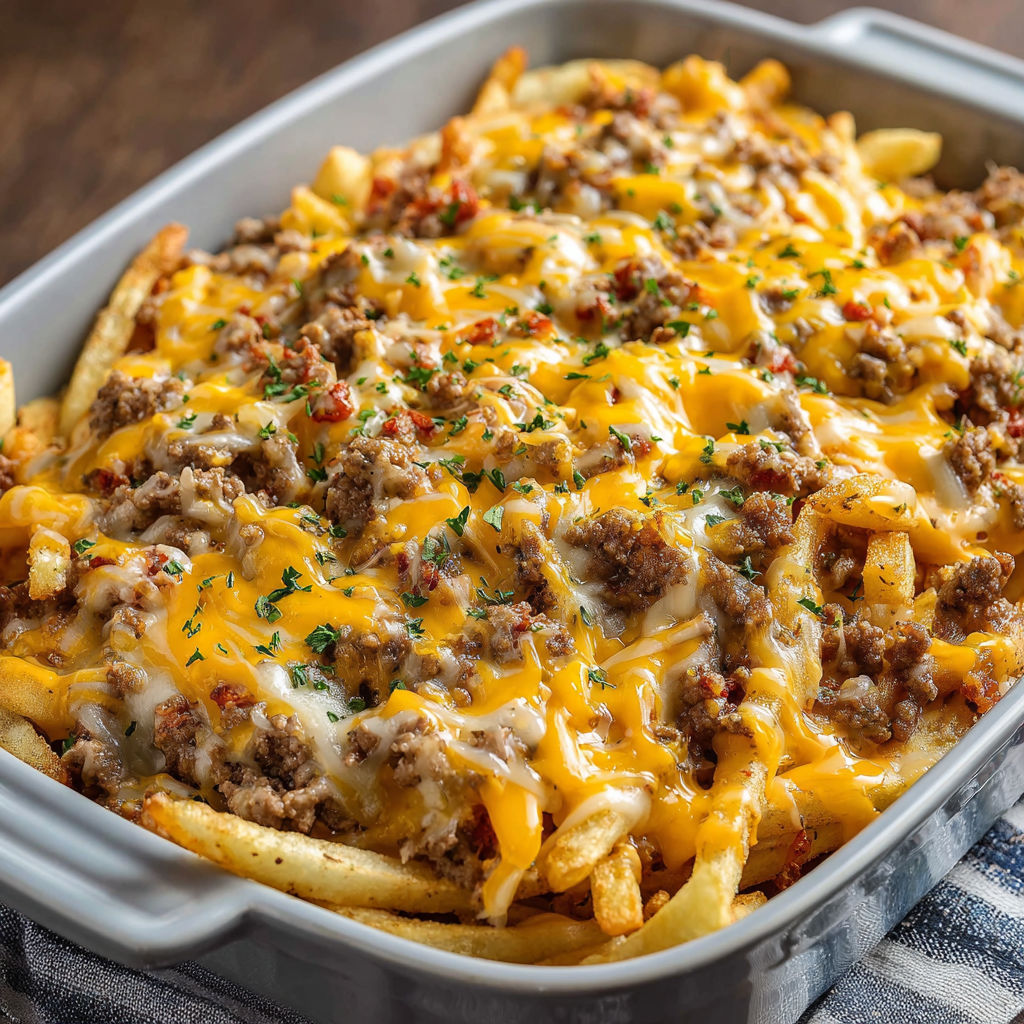 A dish of cheesy chicken and fries is served in a white bowl.