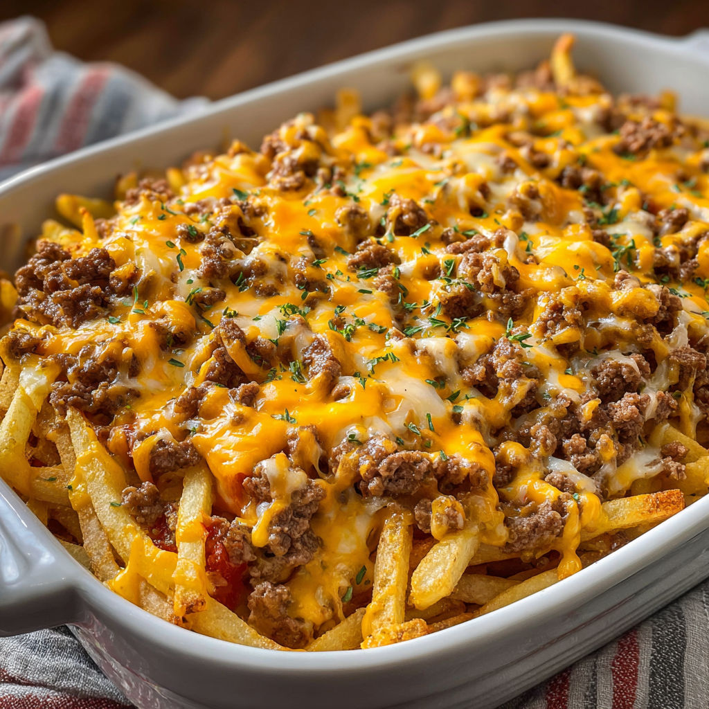 A white bowl filled with a delicious cheese and meat dish, likely a casserole or baked pasta dish, sits on a table.
