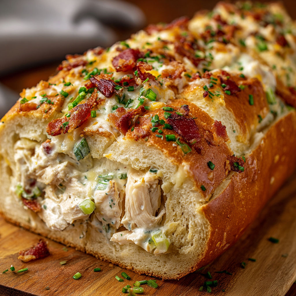 A delicious looking chicken bacon ranch stuffed bread is displayed on a wooden table.