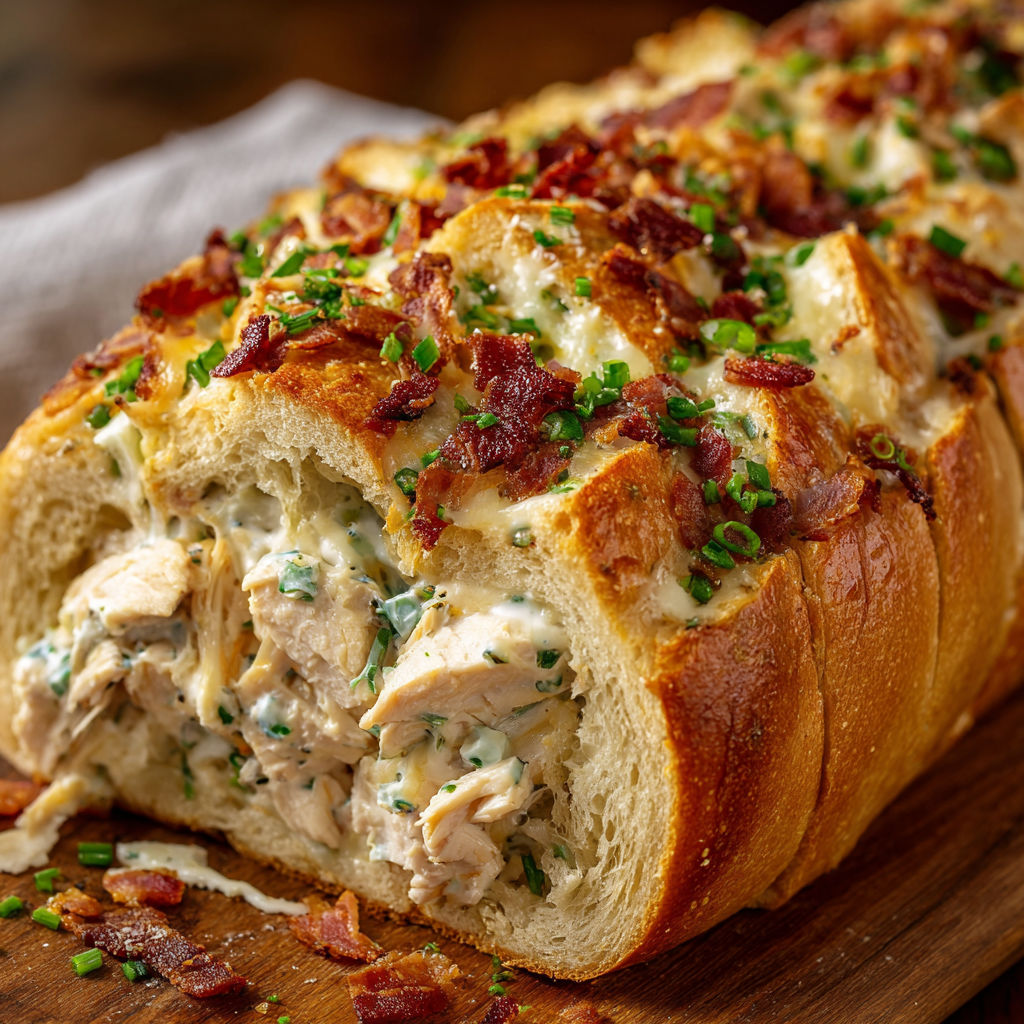 A delicious chicken bacon ranch stuffed bread recipe is displayed on a wooden table.