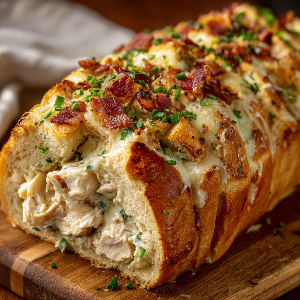 A delicious looking Savory Chicken Bacon Ranch Stuffed Bread Recipe is displayed on a wooden cutting board.
