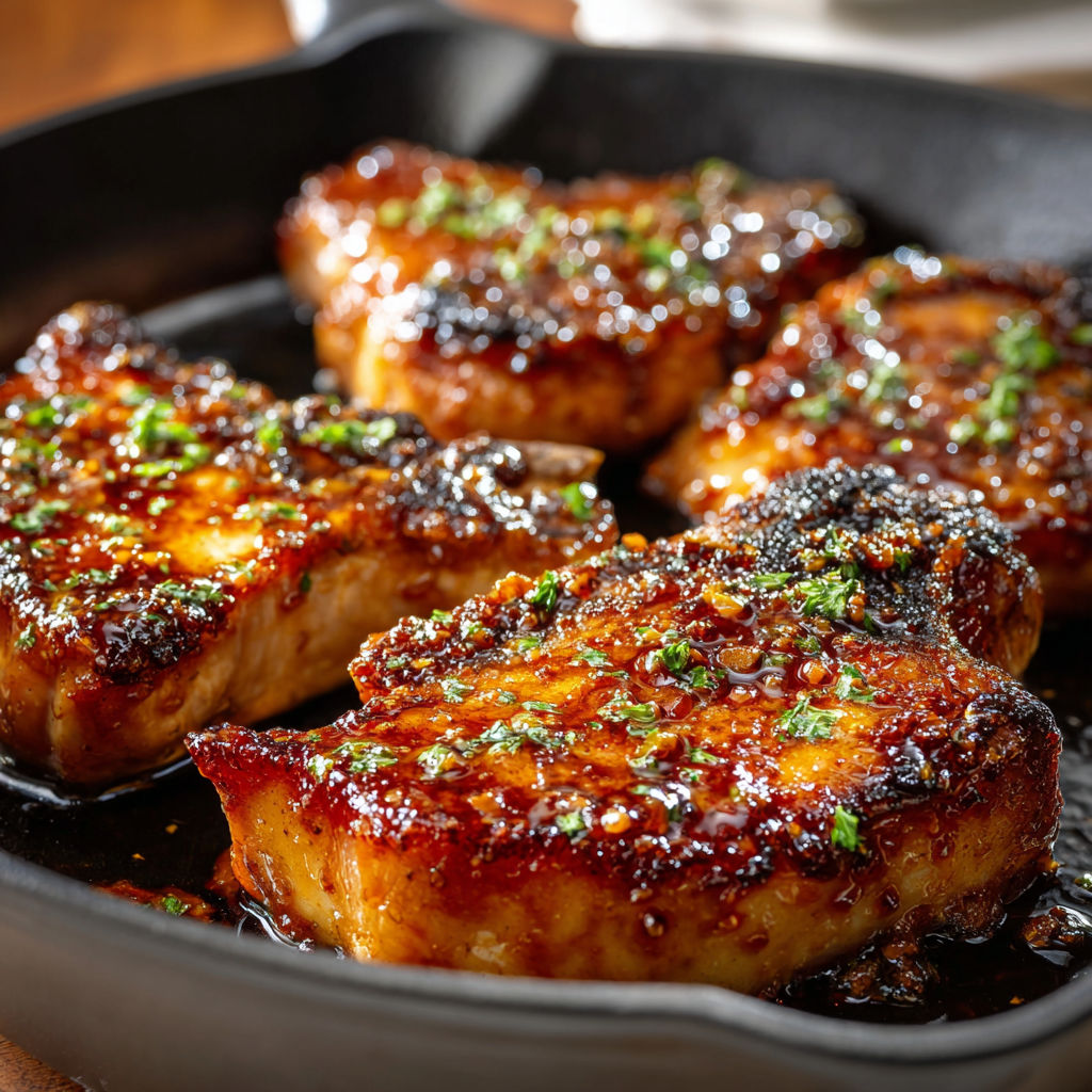 A delicious brown sugar pork chop is being cooked in a skillet.