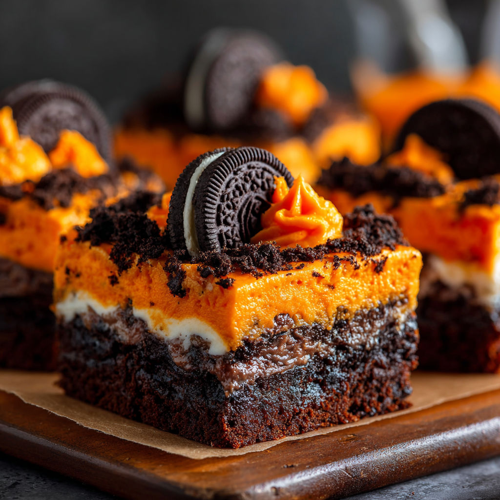 A close-up of a delicious Oreo Layered Halloween Brownies dessert.