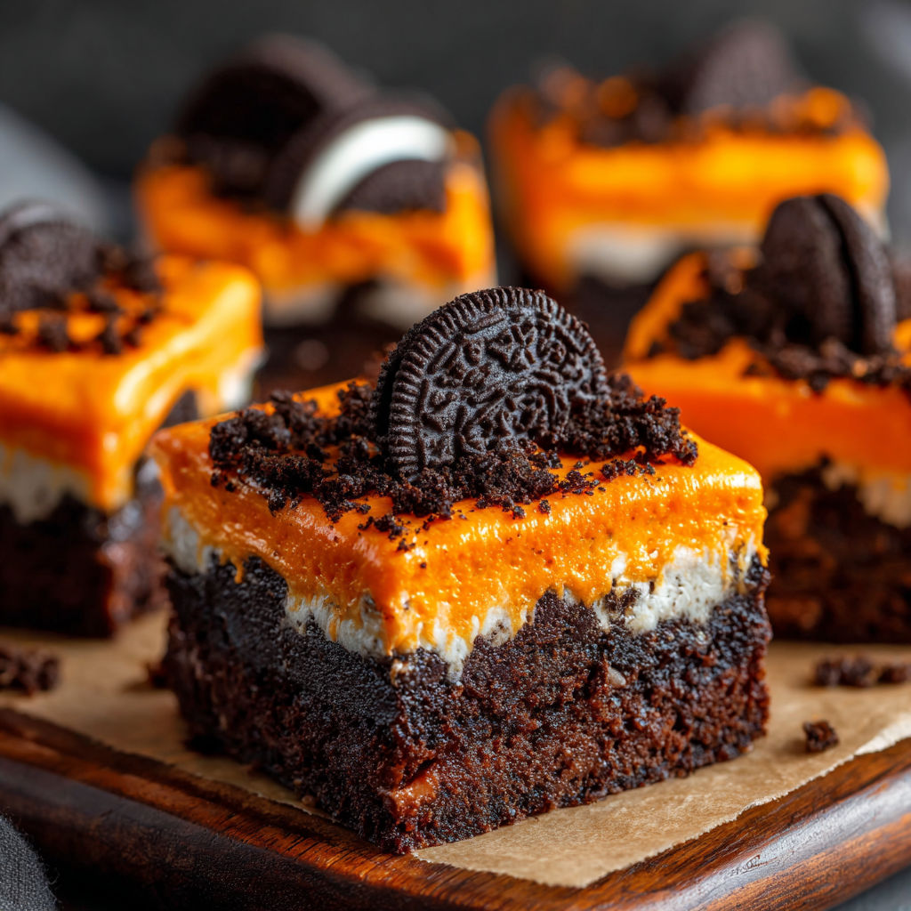 A slice of Oreo Layered Halloween Brownies on a wooden board.