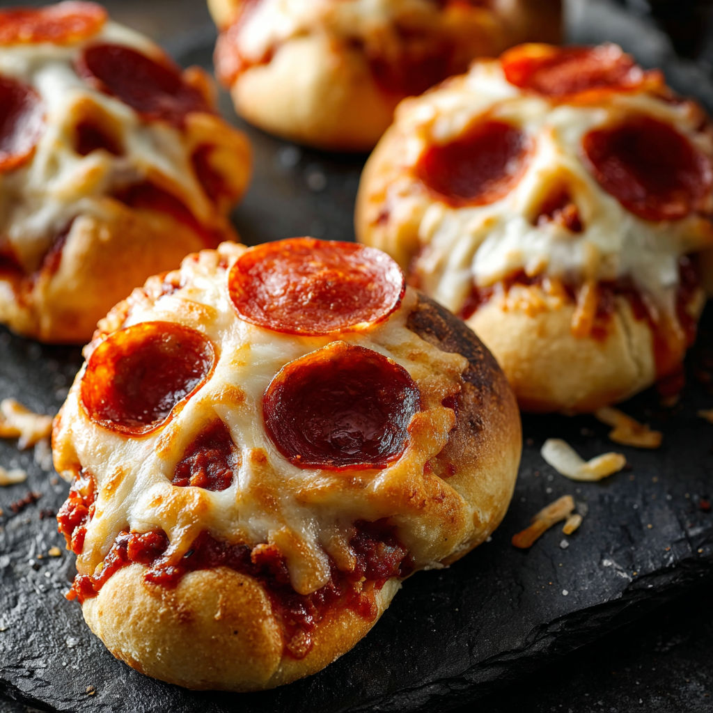 A close up of a pepperoni pizza with a skull on top.