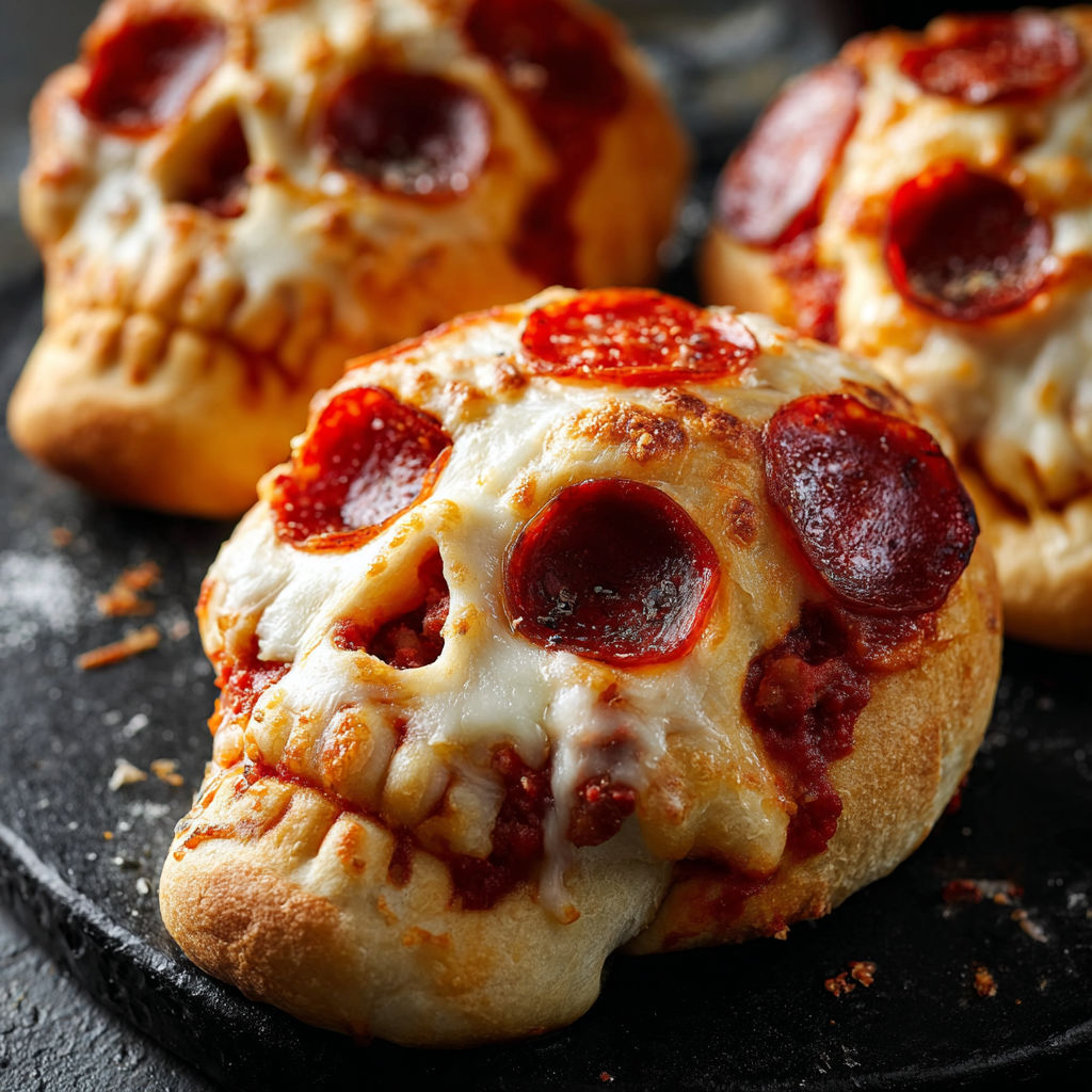 A close up of a pepperoni pizza with a skull on top.