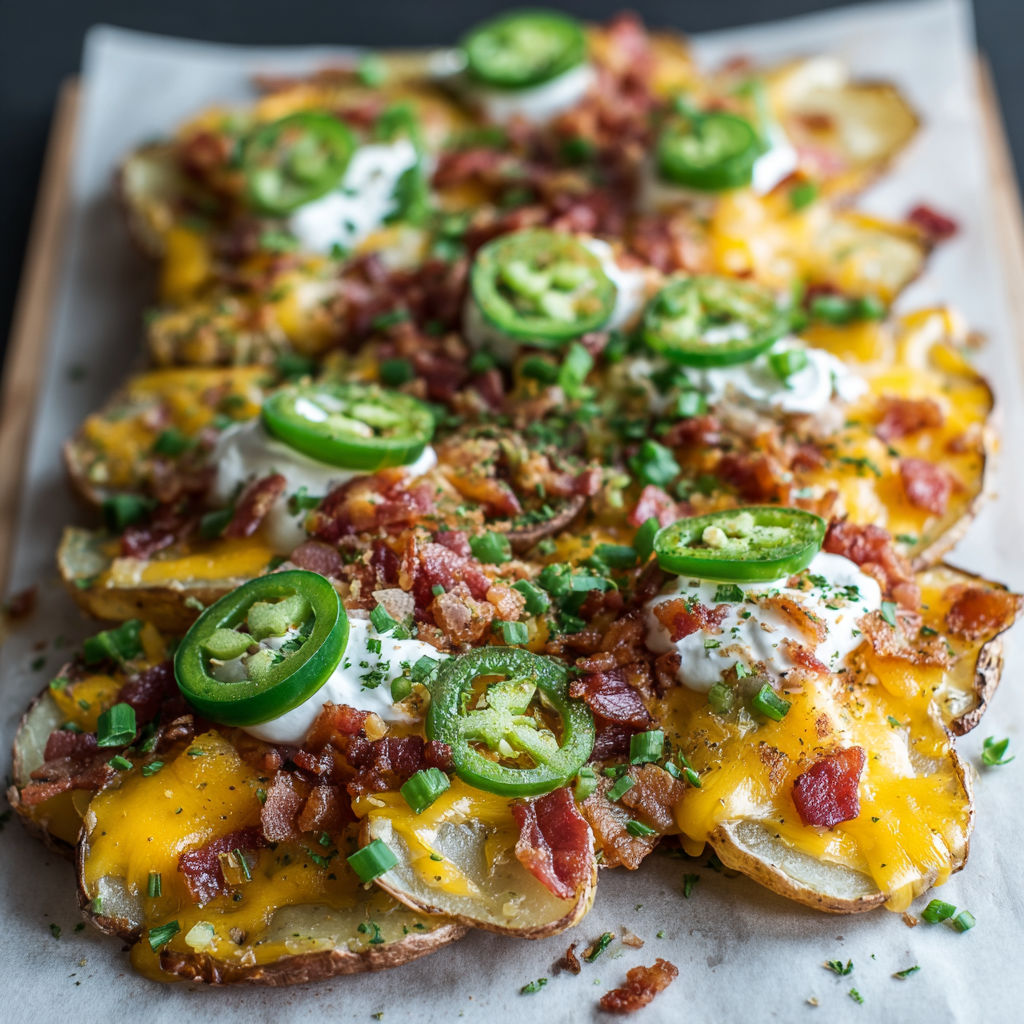 A delicious dish of Irish Nachos, featuring bacon, cheese, and jalapenos, is presented on a wooden platter.