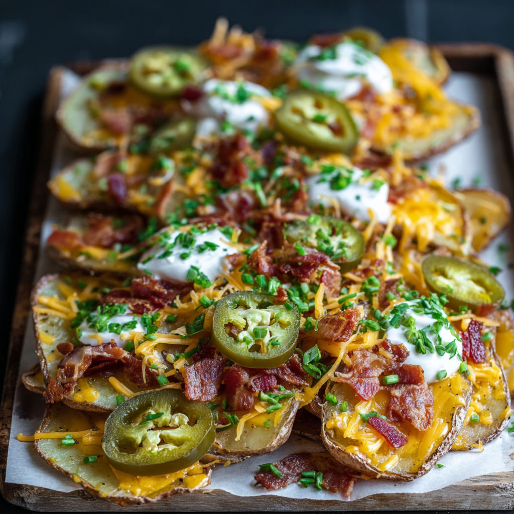 A delicious bacon and cheese stuffed potato dish, also known as "Bacon and Cheese Stuffed Potatoes" or "Bacon and Cheese Stuffed Baked Potatoes", is displayed on a wooden cutting board.