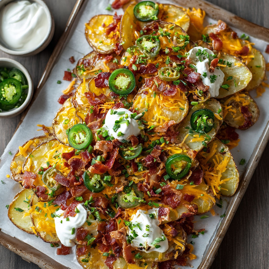 A delicious bacon and cheese loaded potato dish, ready to be served.