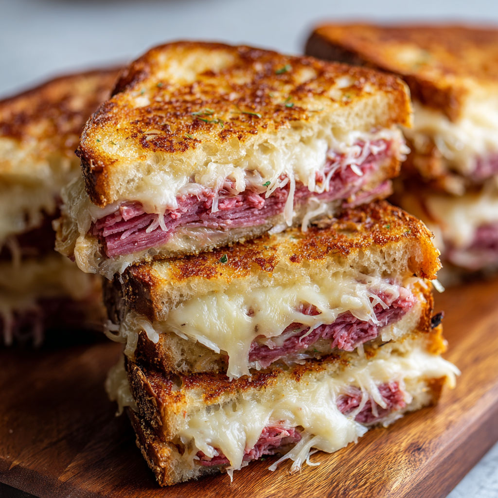 A close up of a sandwich with meat and cheese on a wooden cutting board.