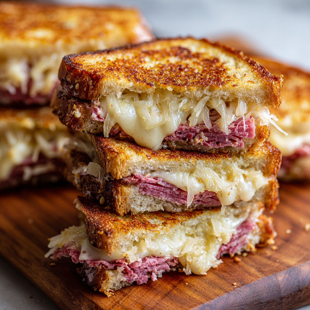 A stack of three grilled cheese sandwiches with meat and cheese.