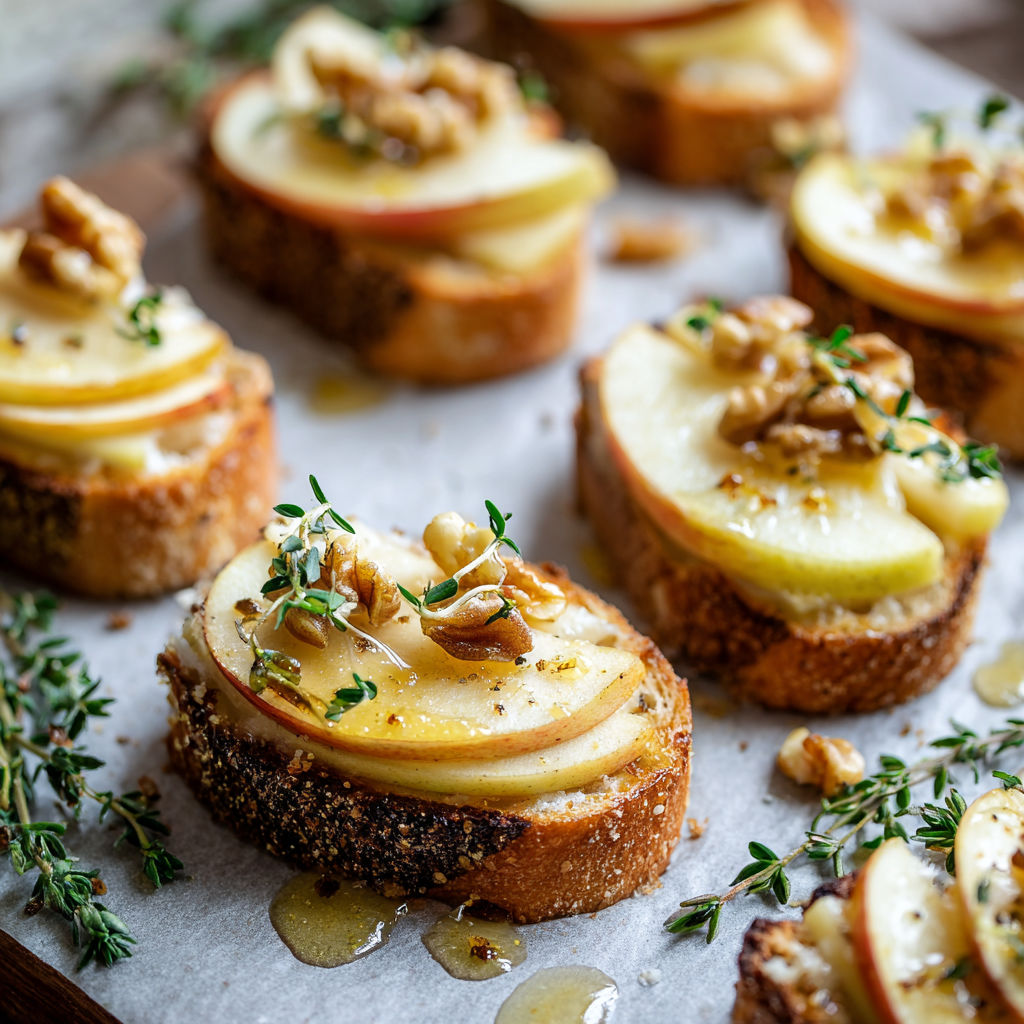 A plate of Dubliner Cheese and Apple Crostini with a drizzle of honey.