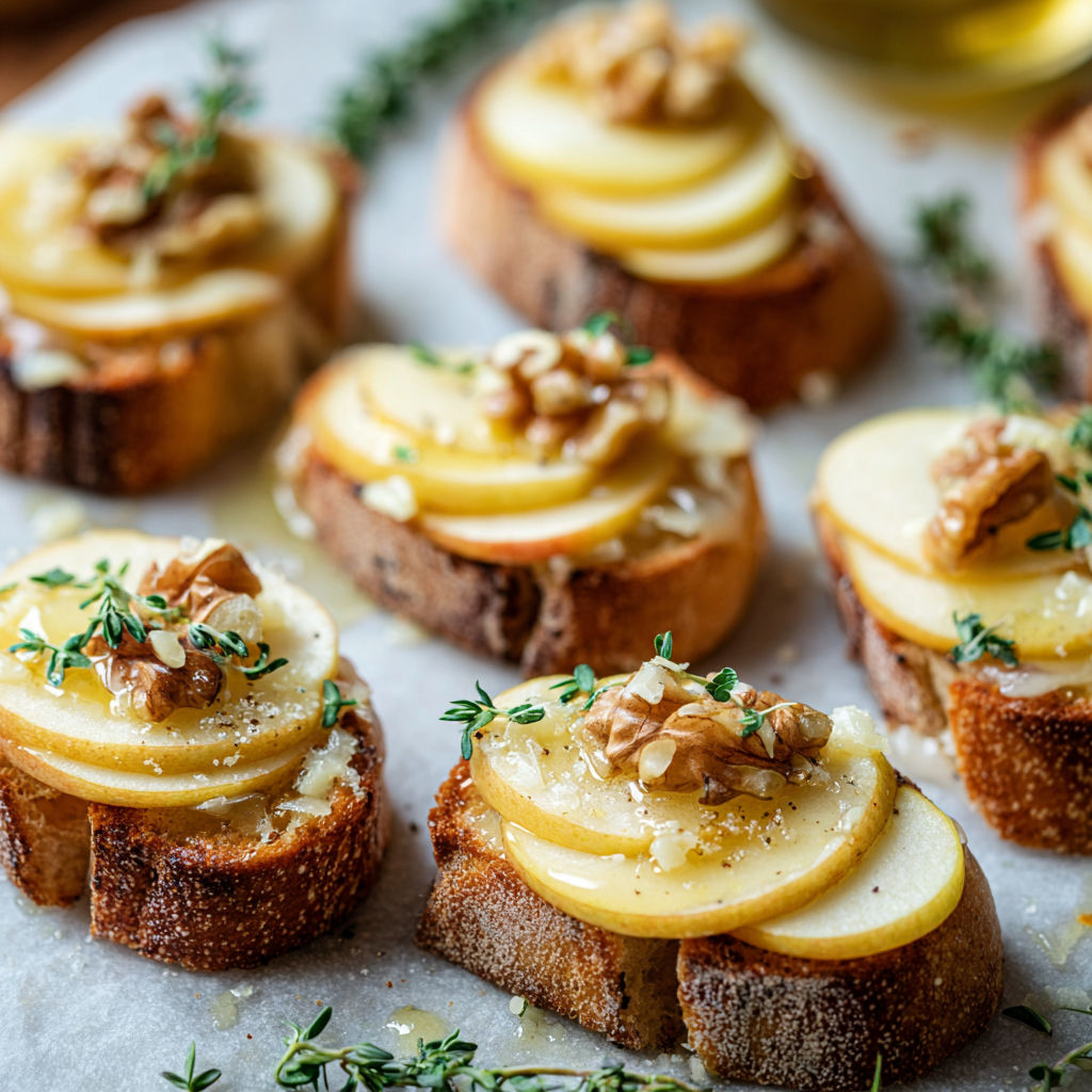 A close up of a delicious looking apple and walnut toast with a sprig of thyme on top.