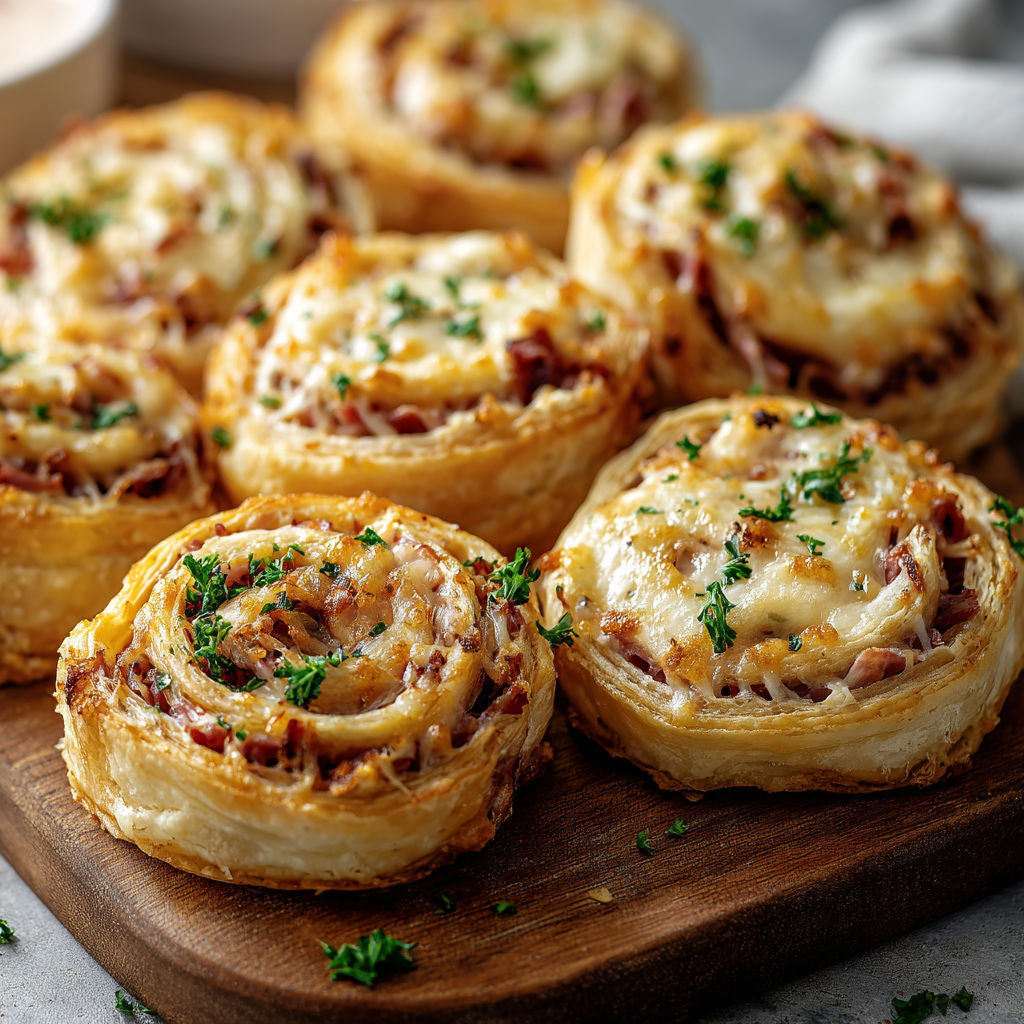 A wooden cutting board holds a tray of bacon and cheese wrapped appetizers.