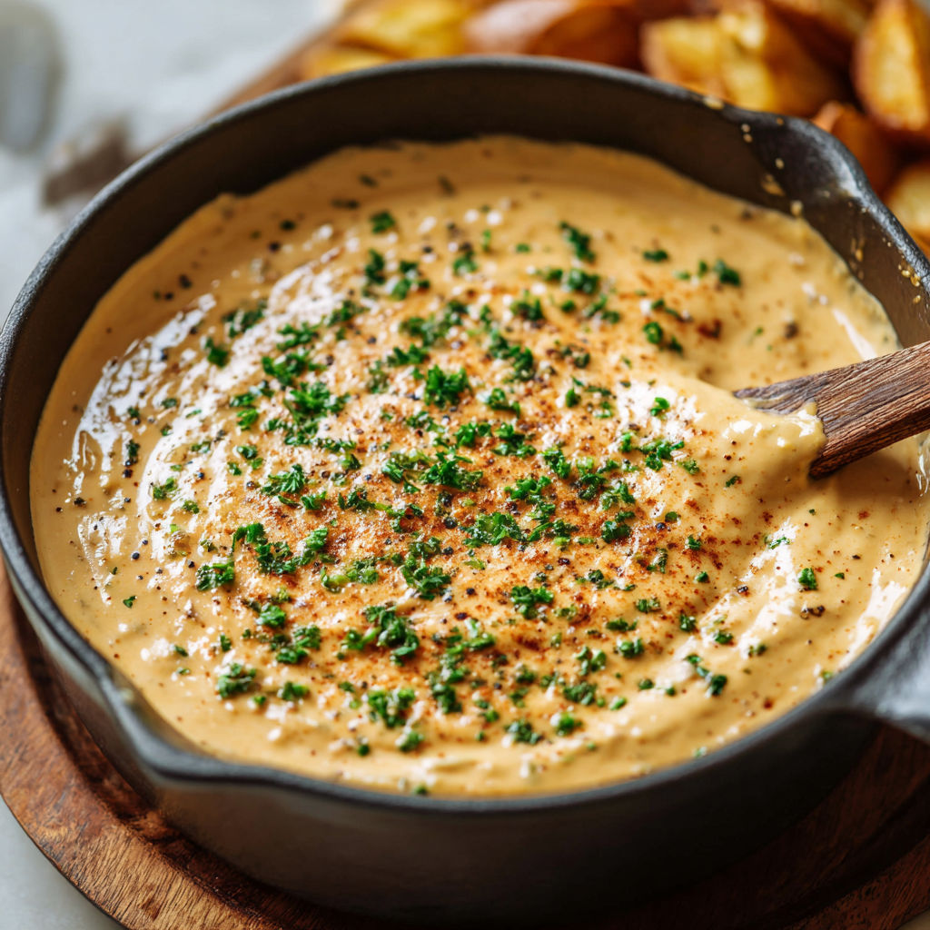 A delicious Guinness Cheese Dip served in a black bowl with a wooden spoon.