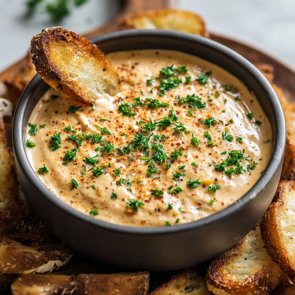A bowl of creamy dip with a spoon inside, accompanied by a basket of garlic bread.