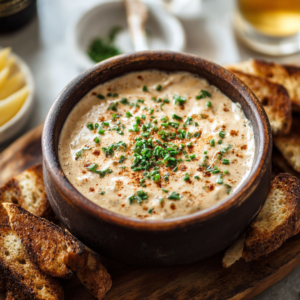 A bowl of creamy dip with a spoon and a lemon wedge on a table.