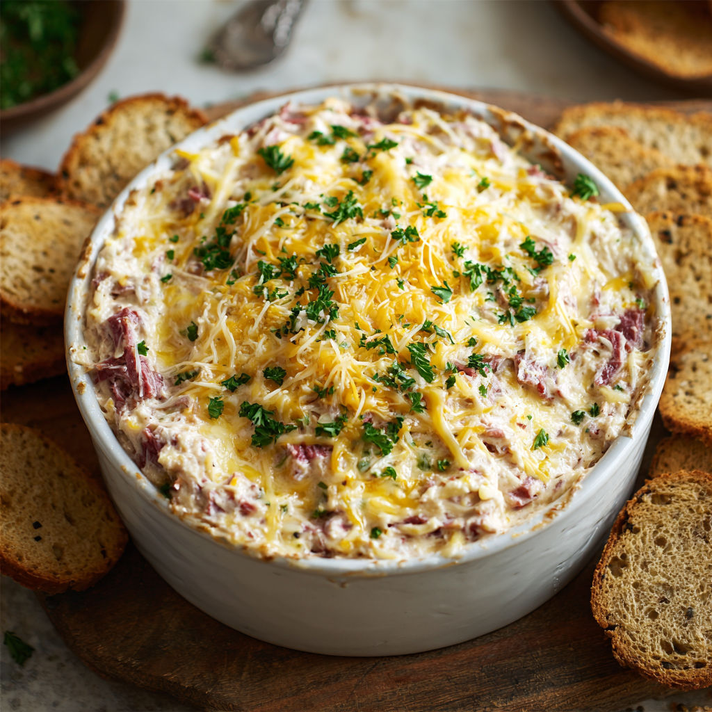 A bowl of Hot Reuben Dip is served with a side of bread.