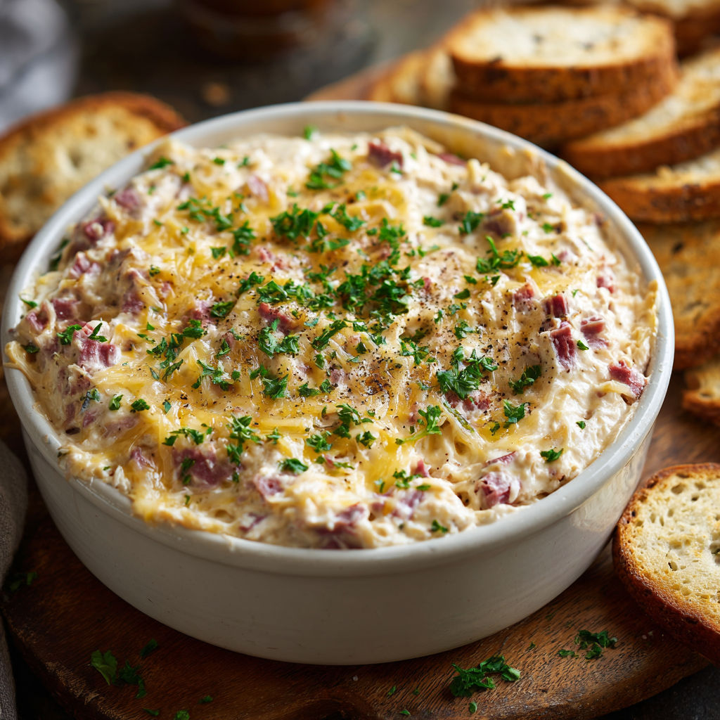 A bowl of chicken and noodle casserole sits on a wooden table, accompanied by a loaf of bread and a knife.