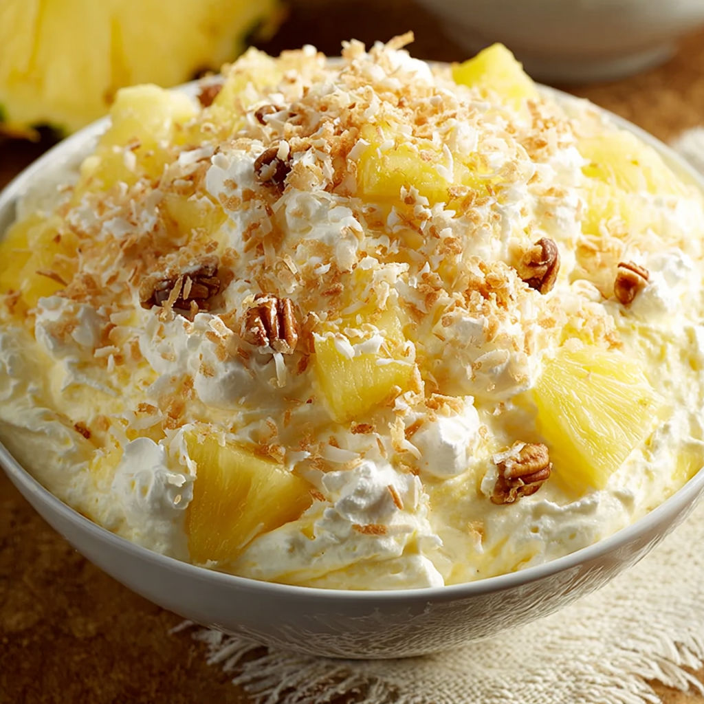 A bowl of whipped cream with pineapple chunks on top.