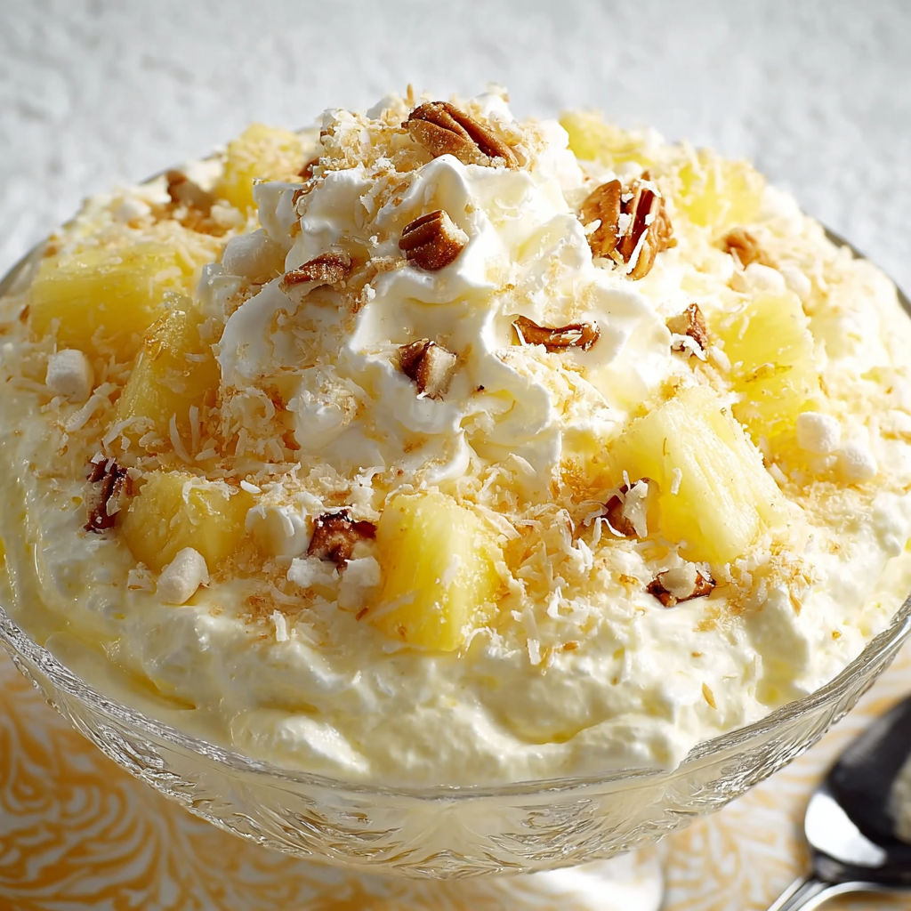 A bowl of pineapple whip cream dessert with white whipped cream and nuts on top.