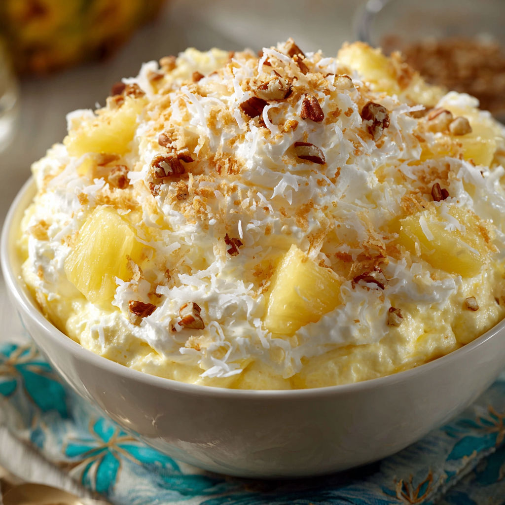 A bowl of coconut cream pie with a pineapple topping.