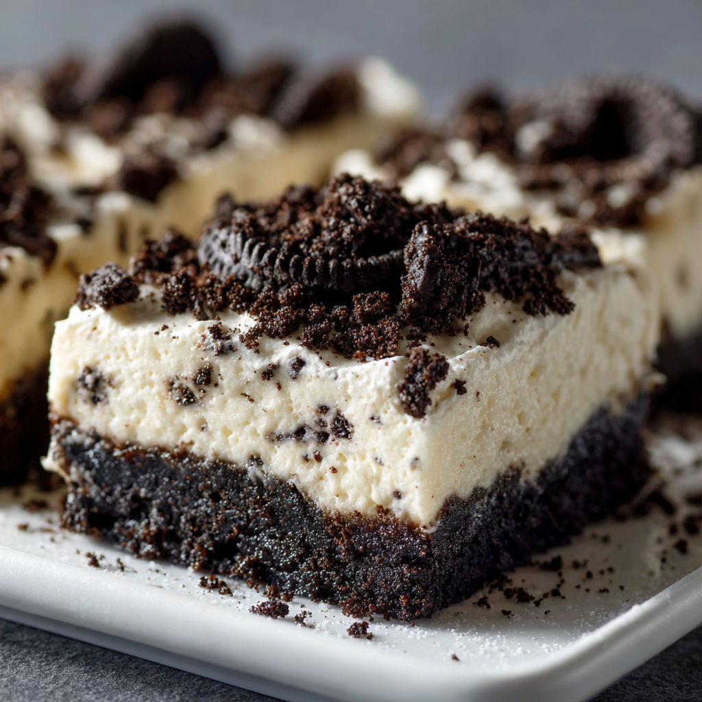 A slice of chocolate and Oreo cheesecake on a plate.
