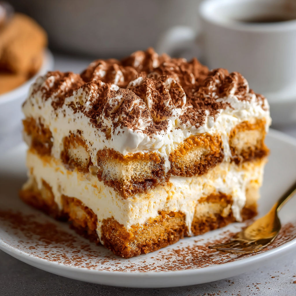 A slice of creamy pumpkin tiramisu on a plate.