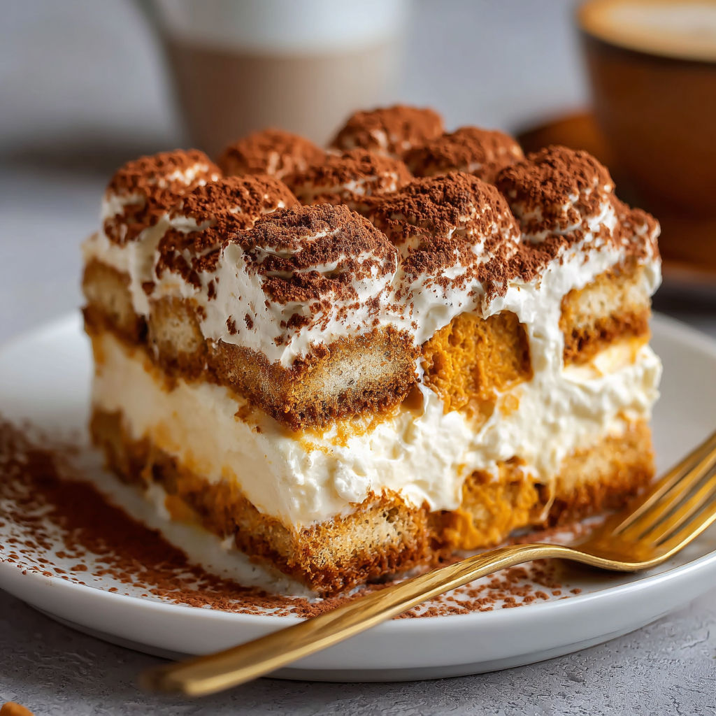 A slice of delicious easy creamy pumpkin tiramisu on a plate.