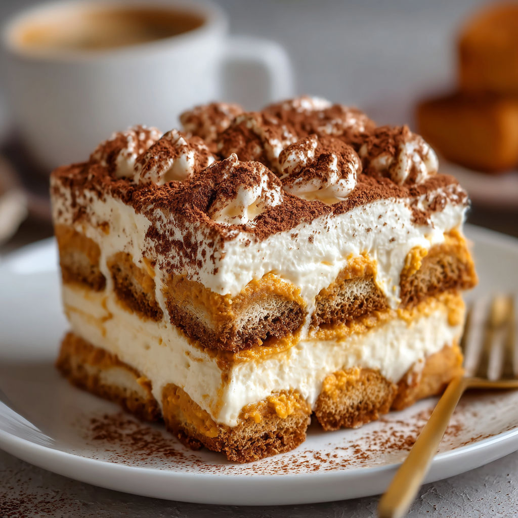 A slice of delicious creamy pumpkin tiramisu with a fork on a plate.