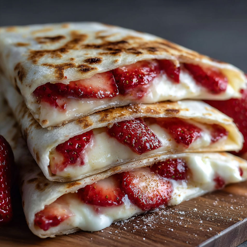 A stack of strawberry and cheese filled wraps on a wooden cutting board.