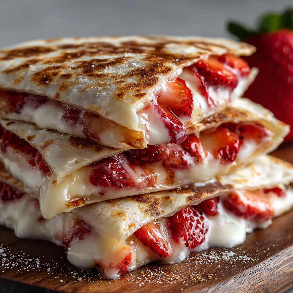 A stack of strawberry cream filled sandwiches on a wooden cutting board.