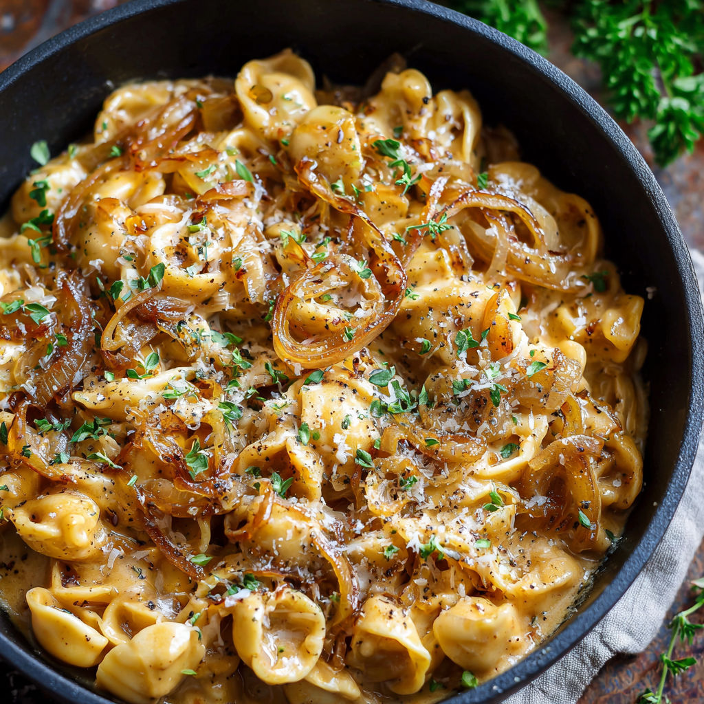 A bowl of pasta with onions and cheese, possibly a dish called "Penne with Onions and Cheese.