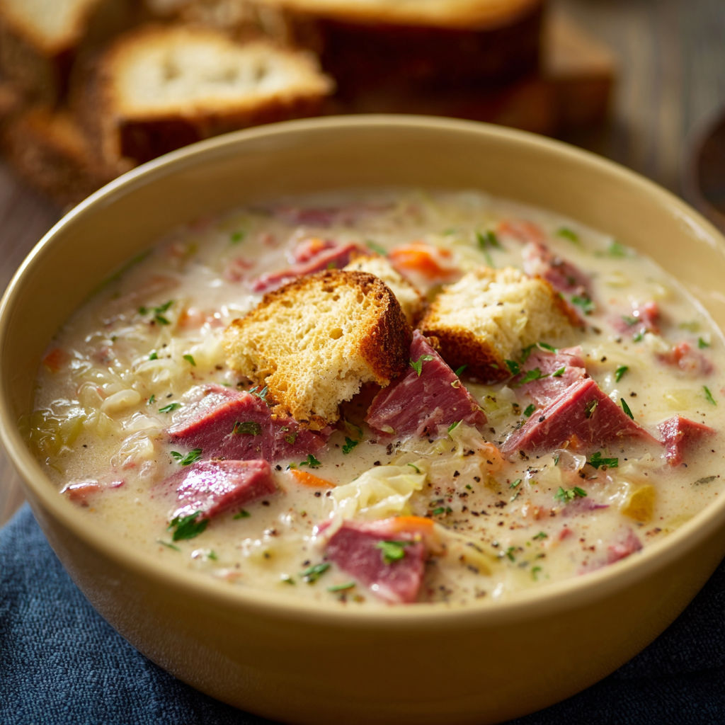 A bowl of creamy Reuben soup with toasted bread and carrots.