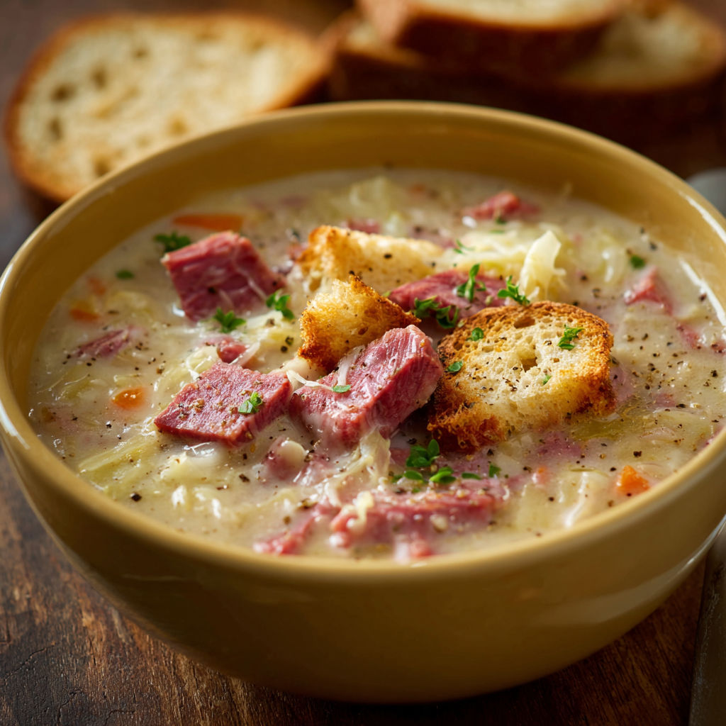 A bowl of soup with meat and bread.