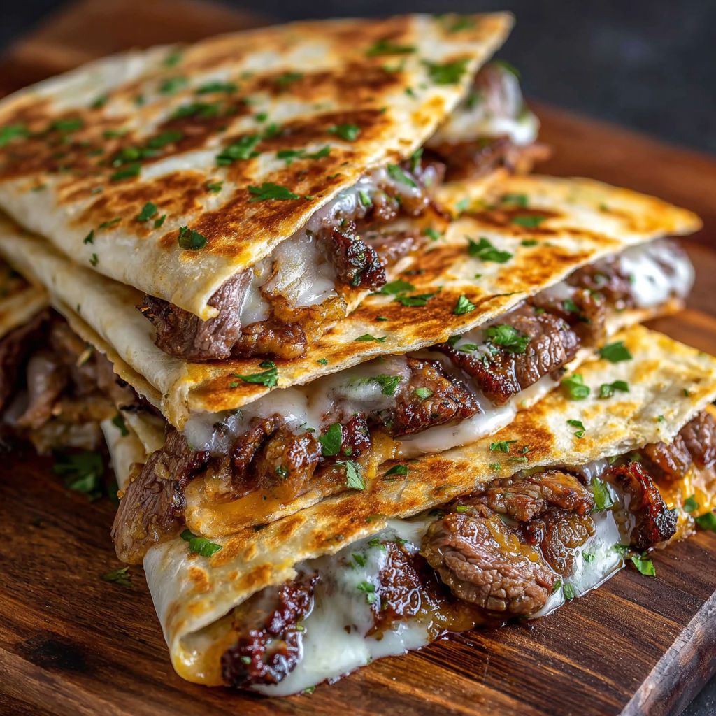 A delicious meal of steak cheese quesadillas is served on a wooden cutting board.