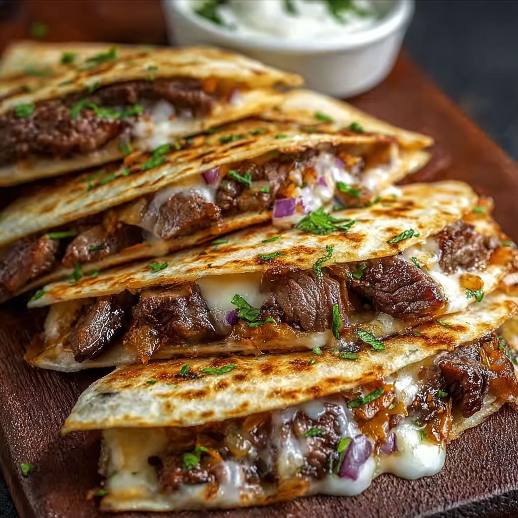 A delicious meal of steak cheese quesadillas is presented on a wooden cutting board.