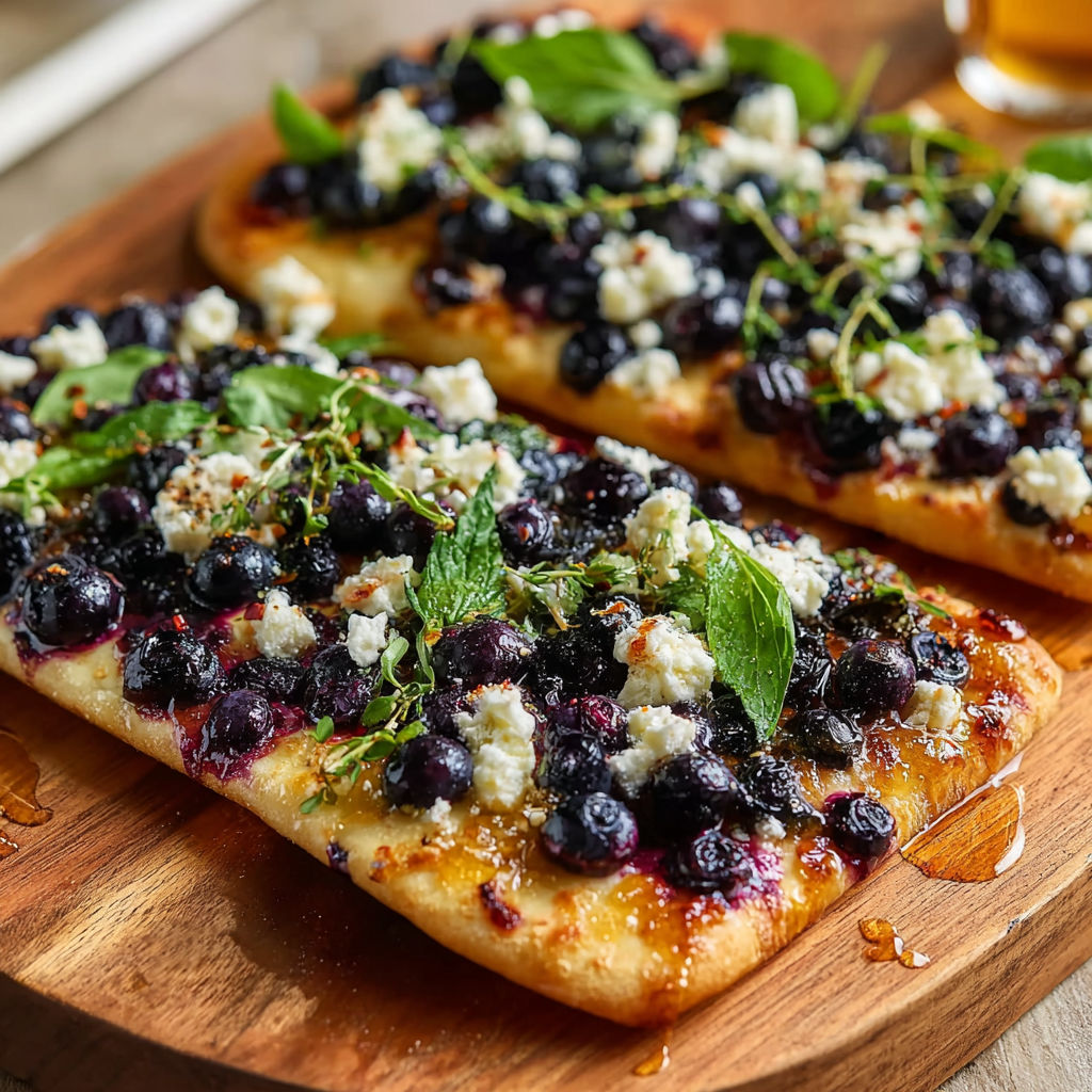 A delicious blueberry pizza with cheese and mint on a wooden board.