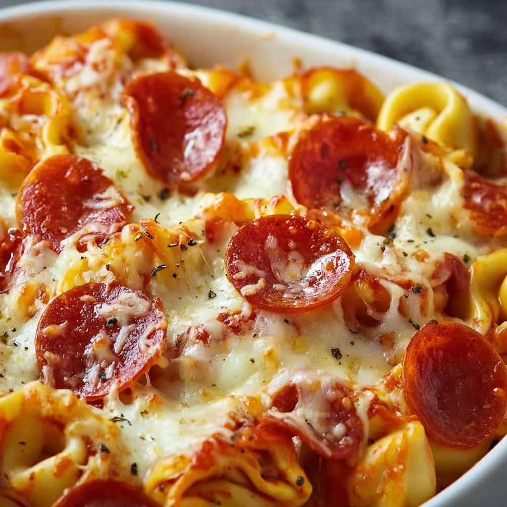 A bowl of pasta with pepperoni and cheese, ready to be served.