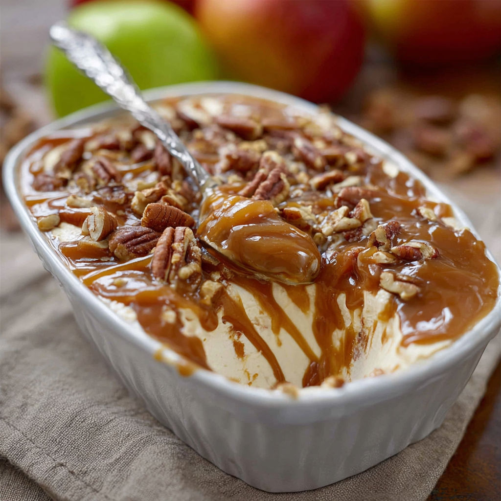 A bowl of pecan pie with a spoon in it.