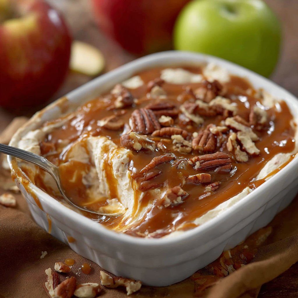 A white bowl filled with a delicious dessert, topped with pecans and caramel sauce.